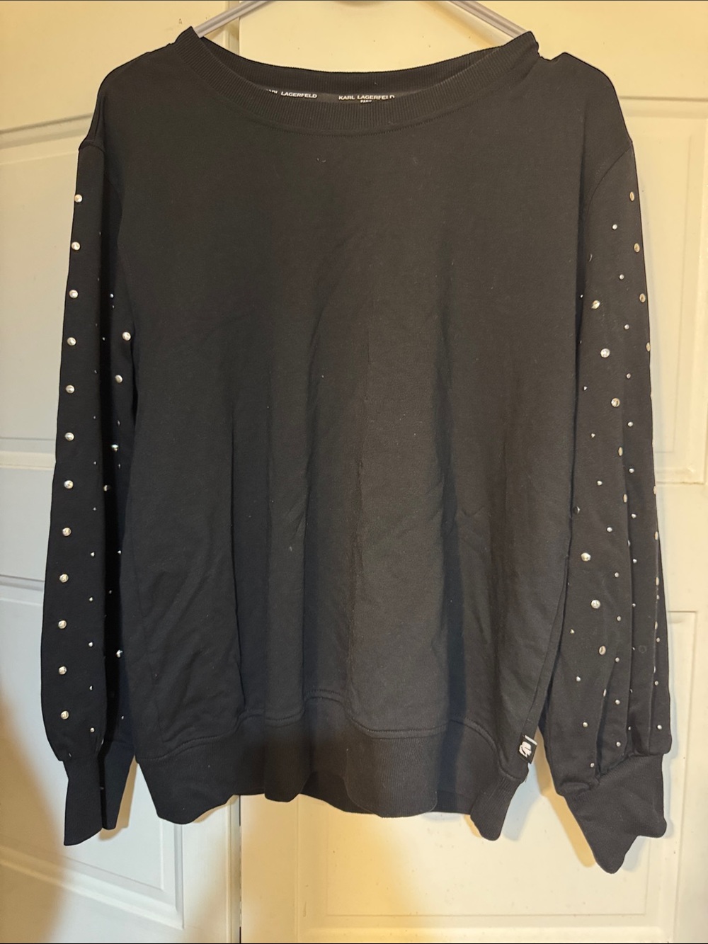 Karl Lagerfeld Black Crewneck Sweater with Pearl-Studded Sleeves